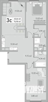 3-к квартира, строящийся дом, 75м2, 8/10 этаж