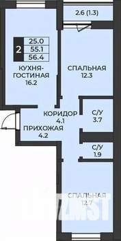 2-к квартира, строящийся дом, 56м2, 7/7 этаж