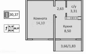 1-к квартира, вторичка, 30м2, 9/17 этаж