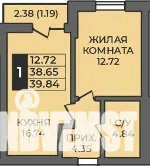 1-к квартира, строящийся дом, 40м2, 9/12 этаж