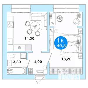 1-к квартира, вторичка, 40м2, 1/4 этаж