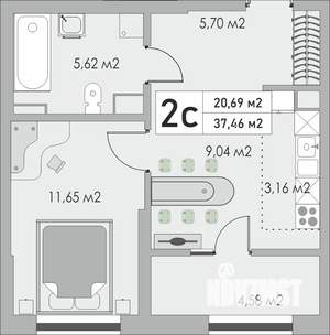2-к квартира, строящийся дом, 37м2, 9/9 этаж