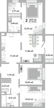 3-к квартира, строящийся дом, 82м2, 2/15 этаж
