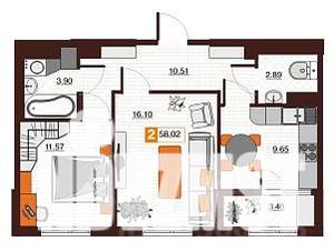 2-к квартира, вторичка, 58м2, 6/17 этаж