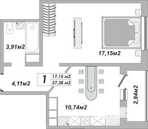 1-к квартира, строящийся дом, 37м2, 24/25 этаж
