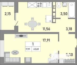 1-к квартира, строящийся дом, 44м2, 22/25 этаж