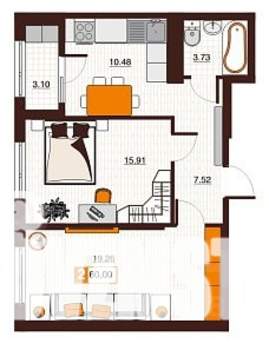 2-к квартира, вторичка, 60м2, 1/17 этаж