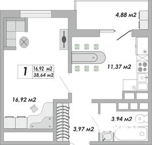 1-к квартира, строящийся дом, 39м2, 14/15 этаж