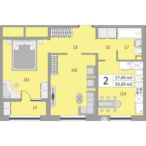 2-к квартира, вторичка, 54м2, 6/24 этаж