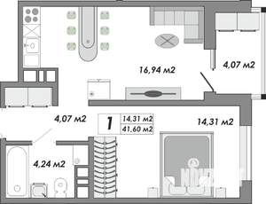1-к квартира, строящийся дом, 42м2, 2/9 этаж