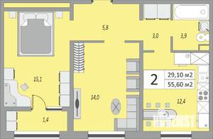 2-к квартира, строящийся дом, 56м2, 1/24 этаж