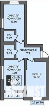 2-к квартира, строящийся дом, 59м2, 7/12 этаж