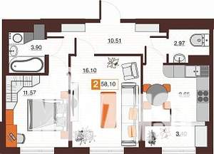 2-к квартира, строящийся дом, 59м2, 10/17 этаж