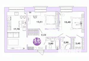 1-к квартира, вторичка, 68м2, 2/4 этаж