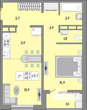 2-к квартира, строящийся дом, 50м2, 19/24 этаж