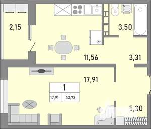 1-к квартира, строящийся дом, 44м2, 6/25 этаж