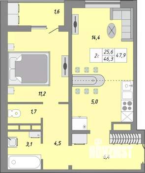 2-к квартира, строящийся дом, 48м2, 21/24 этаж