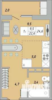 1-к квартира, строящийся дом, 25м2, 1/24 этаж