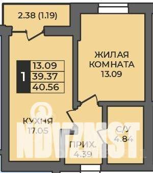 1-к квартира, строящийся дом, 41м2, 12/12 этаж