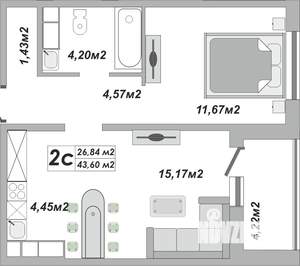 2-к квартира, строящийся дом, 44м2, 14/25 этаж