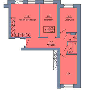 3-к квартира, сданный дом, 75м2, 4/4 этаж