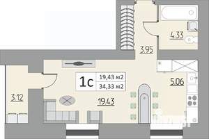 1-к квартира, строящийся дом, 34м2, 1/15 этаж