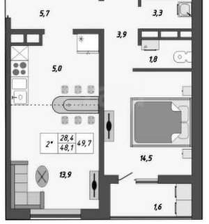 2-к квартира, вторичка, 50м2, 15/24 этаж