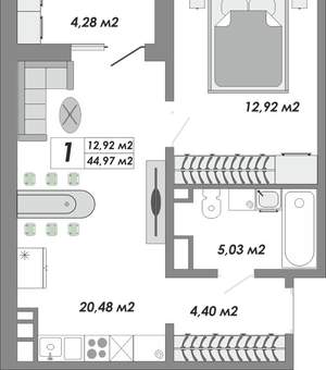 1-к квартира, вторичка, 45м2, 7/15 этаж