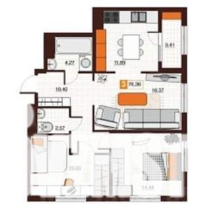 3-к квартира, вторичка, 76м2, 4/17 этаж
