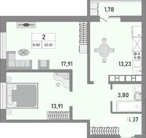 2-к квартира, строящийся дом, 62м2, 23/25 этаж