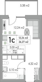 1-к квартира, строящийся дом, 26м2, 6/10 этаж
