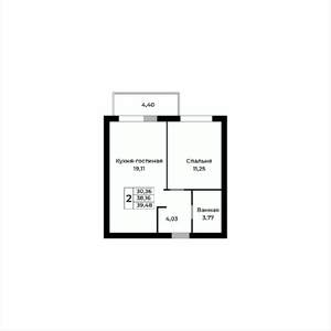 2-к квартира, строящийся дом, 39м2, 4/15 этаж
