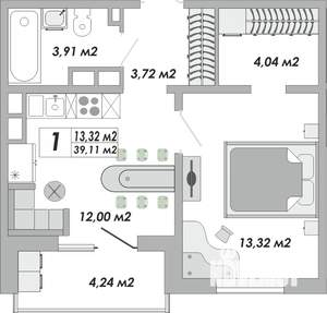 1-к квартира, строящийся дом, 39м2, 12/15 этаж