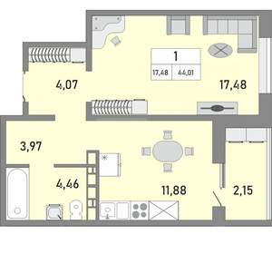 1-к квартира, вторичка, 44м2, 5/25 этаж