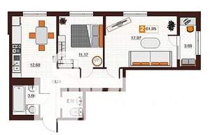 2-к квартира, вторичка, 62м2, 4/17 этаж