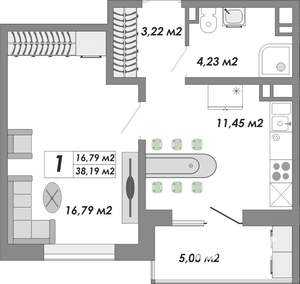 1-к квартира, строящийся дом, 38м2, 2/15 этаж