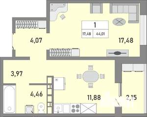 1-к квартира, строящийся дом, 44м2, 18/25 этаж