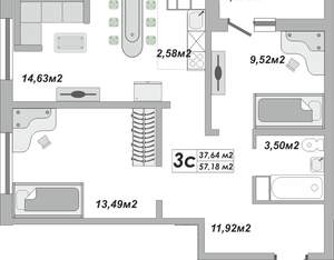 3-к квартира, вторичка, 57м2, 7/25 этаж