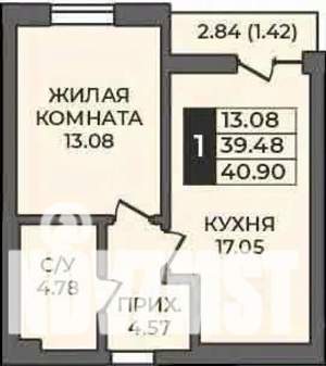1-к квартира, строящийся дом, 41м2, 6/9 этаж