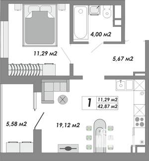 1-к квартира, строящийся дом, 43м2, 8/17 этаж