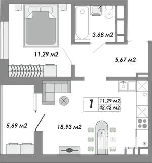 1-к квартира, строящийся дом, 42м2, 10/17 этаж