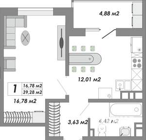1-к квартира, строящийся дом, 39м2, 6/17 этаж
