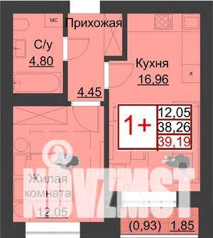 1-к квартира, строящийся дом, 39м2, 3/5 этаж