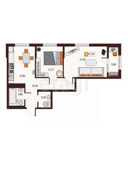 2-к квартира, вторичка, 62м2, 9/9 этаж