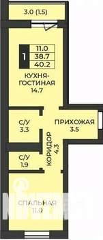 1-к квартира, строящийся дом, 40м2, 2/7 этаж