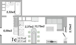 1-к квартира, строящийся дом, 27м2, 21/25 этаж
