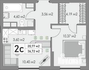 2-к квартира, строящийся дом, 37м2, 2/9 этаж
