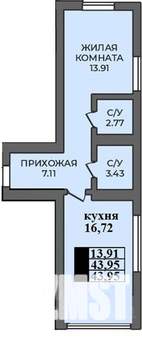 1-к квартира, вторичка, 44м2, 1/12 этаж