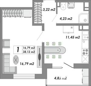 1-к квартира, строящийся дом, 38м2, 8/15 этаж