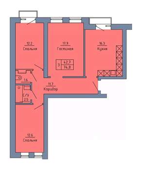 3-к квартира, строящийся дом, 75м2, 2/4 этаж